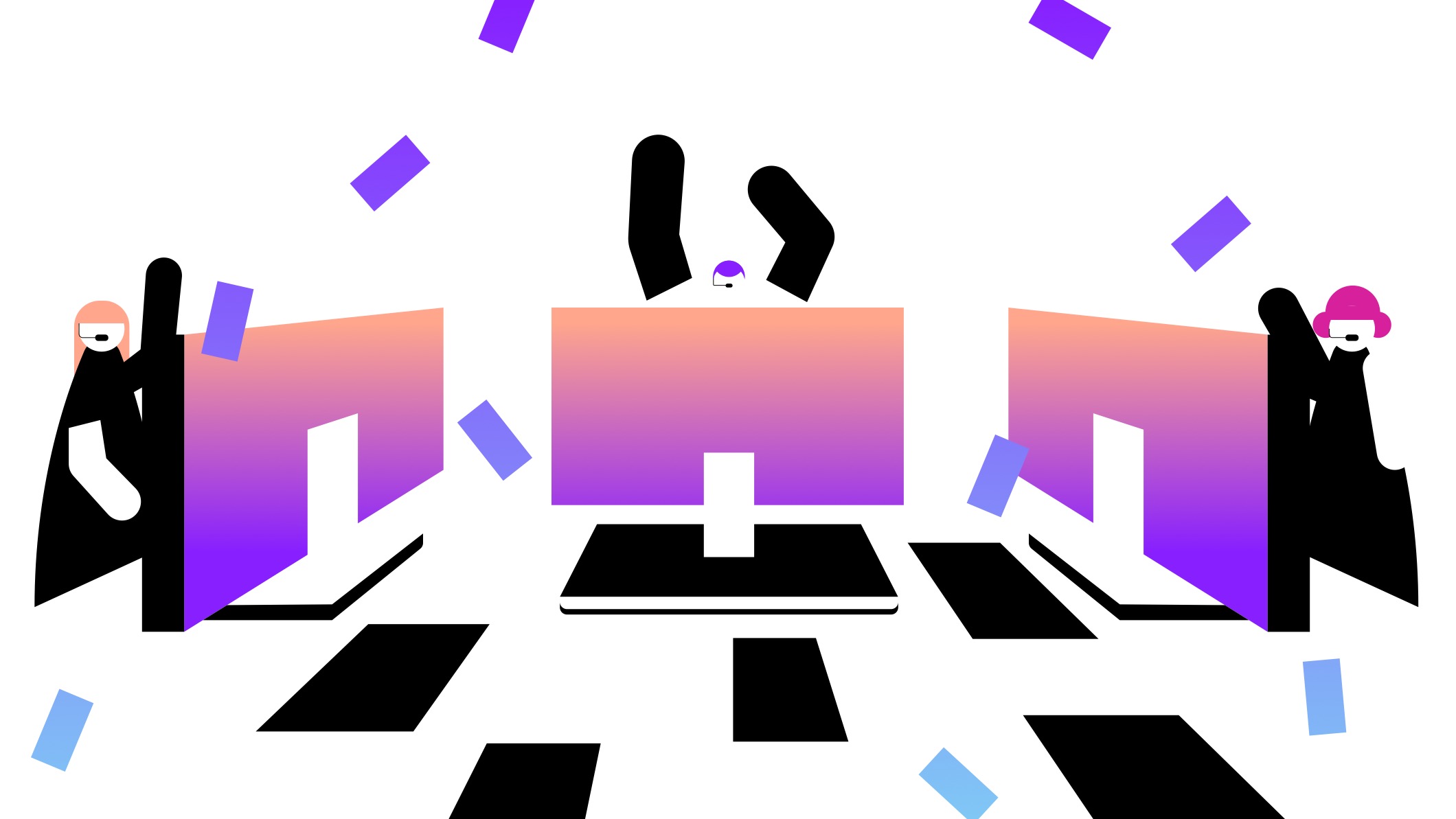 Brand Video Still Illustration of 3 figures sitting at desktop computers with confetti raining down.